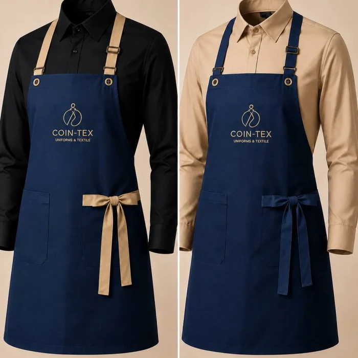 Tablier professionnel pour personnel – vert olive et bleu marine | bretelles réglables et logo brodé