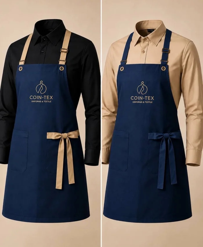 Tablier professionnel pour personnel – vert olive et bleu marine | bretelles réglables et logo brodé