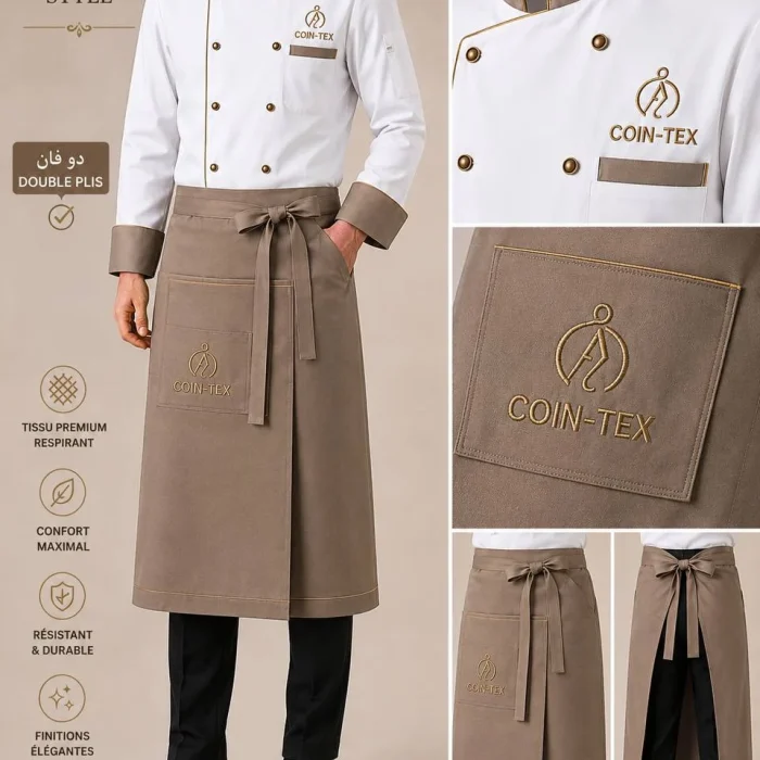 Ensemble veste de chef professionnelle et tablier long – double boutonnage | finitions dorées et logo brodé