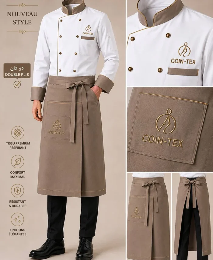 Ensemble veste de chef professionnelle et tablier long – double boutonnage | finitions dorées et logo brodé