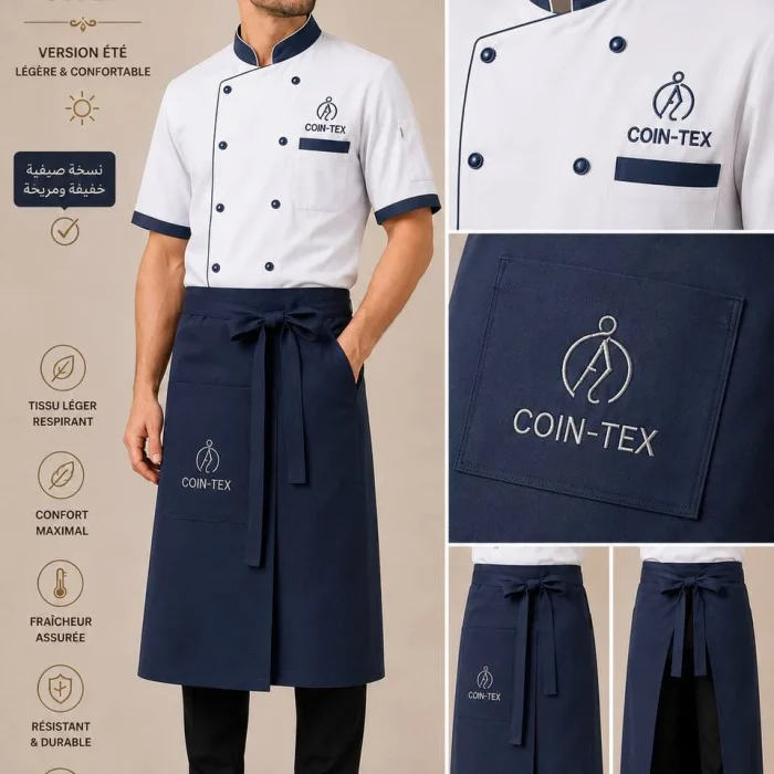 Ensemble veste de chef d’été et tablier long – manches courtes | tissu léger et respirant | plusieurs couleurs