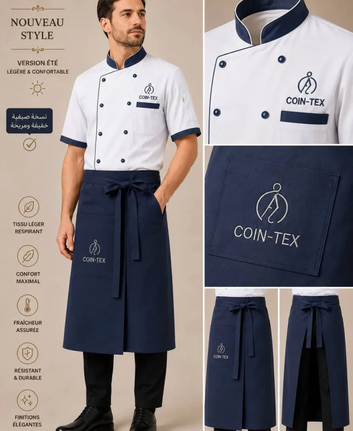 Ensemble veste de chef d’été et tablier long – manches courtes | tissu léger et respirant | plusieurs couleurs