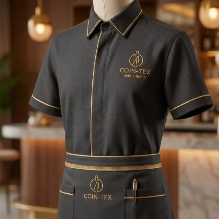 Ensemble d’uniforme premium pour personnel – chemise à manches courtes et tablier de taille assorti | détails dorés