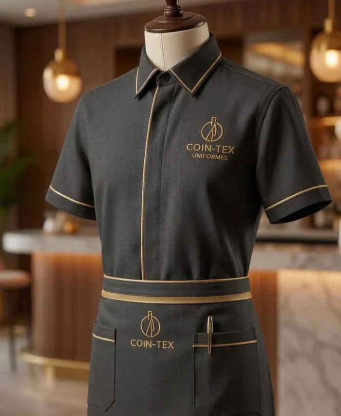 Ensemble d’uniforme premium pour personnel – chemise à manches courtes et tablier de taille assorti | détails dorés