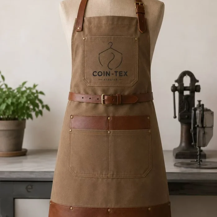 Tablier professionnel en toile longueur complète – blanc naturel | réglages en laiton et logo brodé