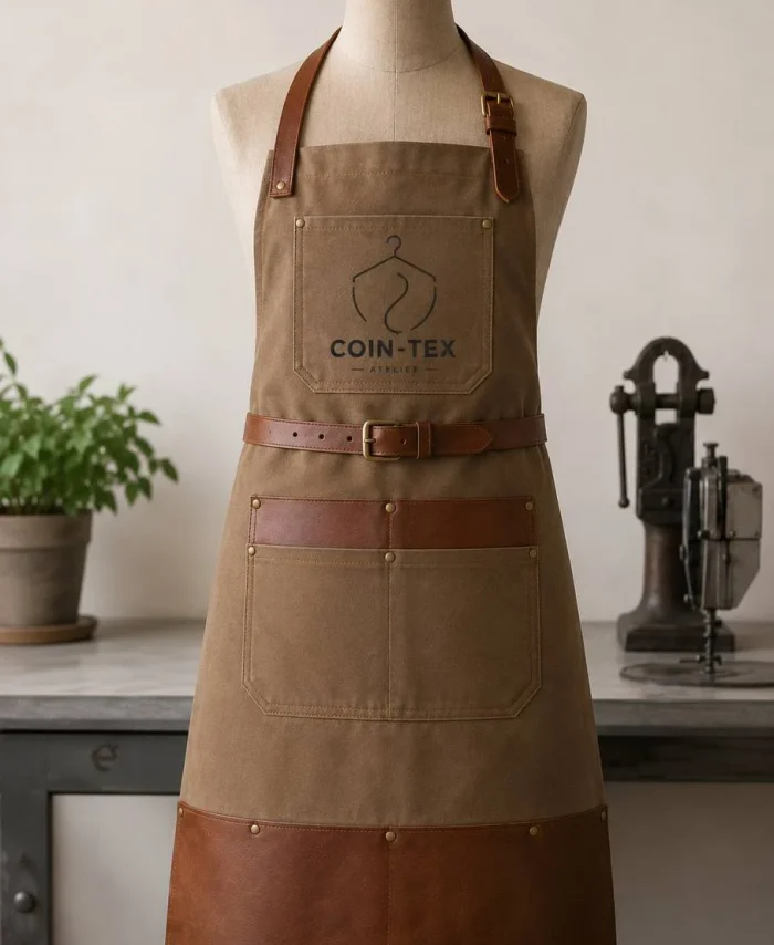 Tablier professionnel en toile longueur complète – blanc naturel | réglages en laiton et logo brodé
