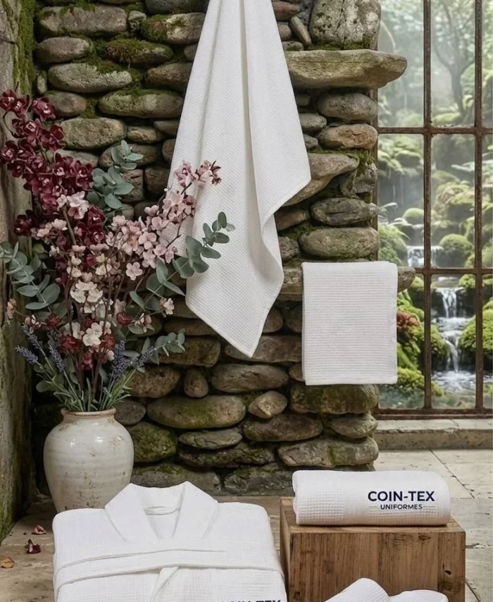 Ensemble spa et hôtel haut de gamme – peignoir en nid d’abeille, serviettes et pantoufles | blanc | logo brodé